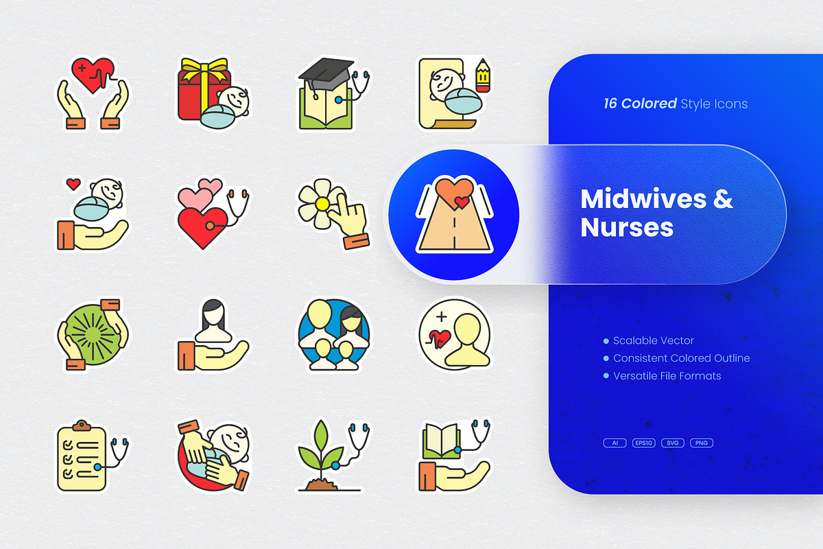 Midwives & Nurses Colored Icons, an Outline Icon by cidcud_graphic