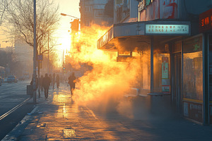 Steam rises from street vents as sun, a Photo by Tanuart