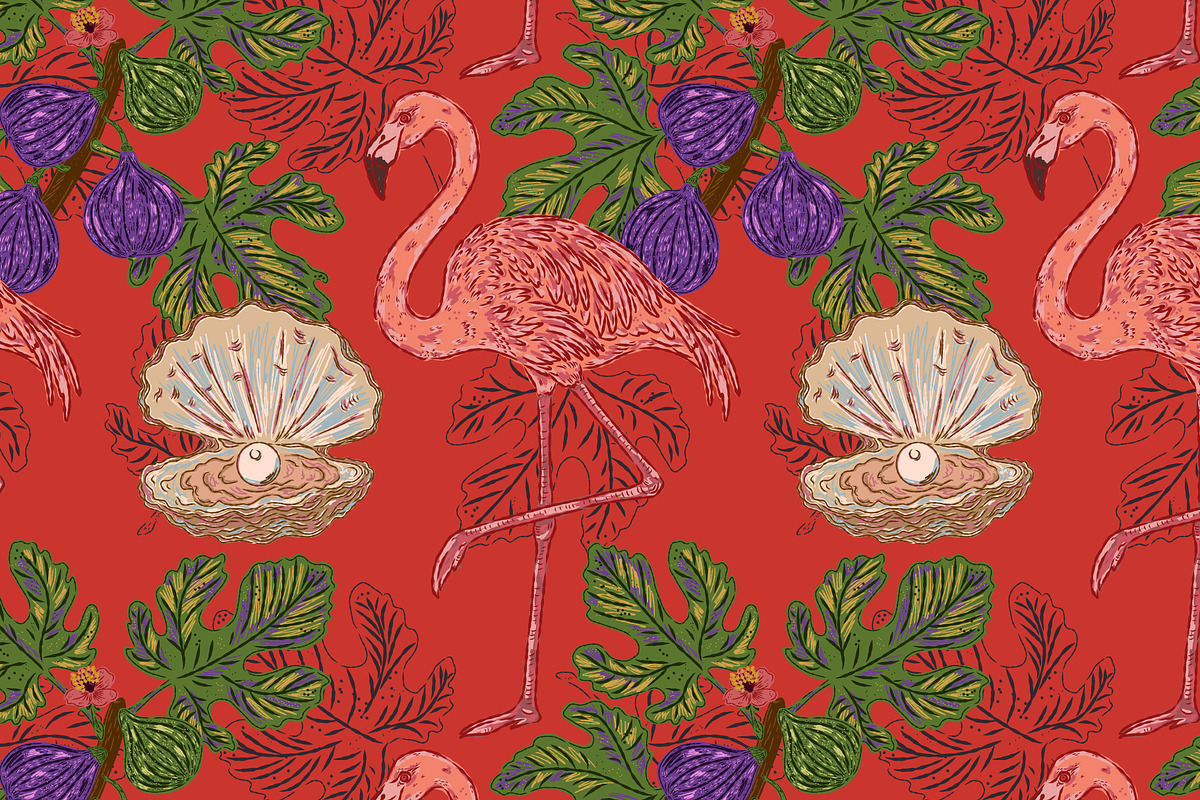 Flamingo, Fig and Pearl Oyster, a Pattern Graphic by NayaChu (Photo 7 of 9)
