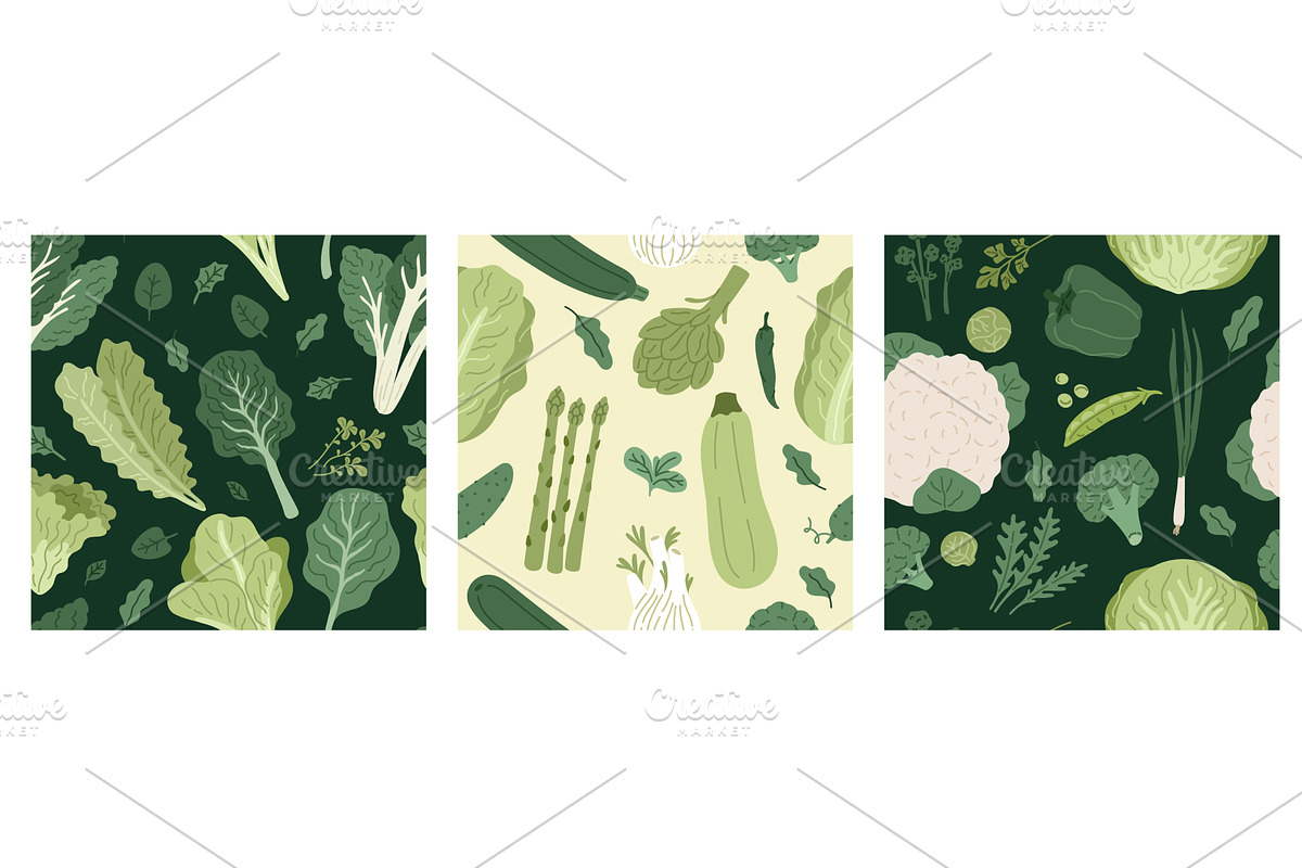 Green vegetables seamless patterns, a Food Illustration by YummyBuum