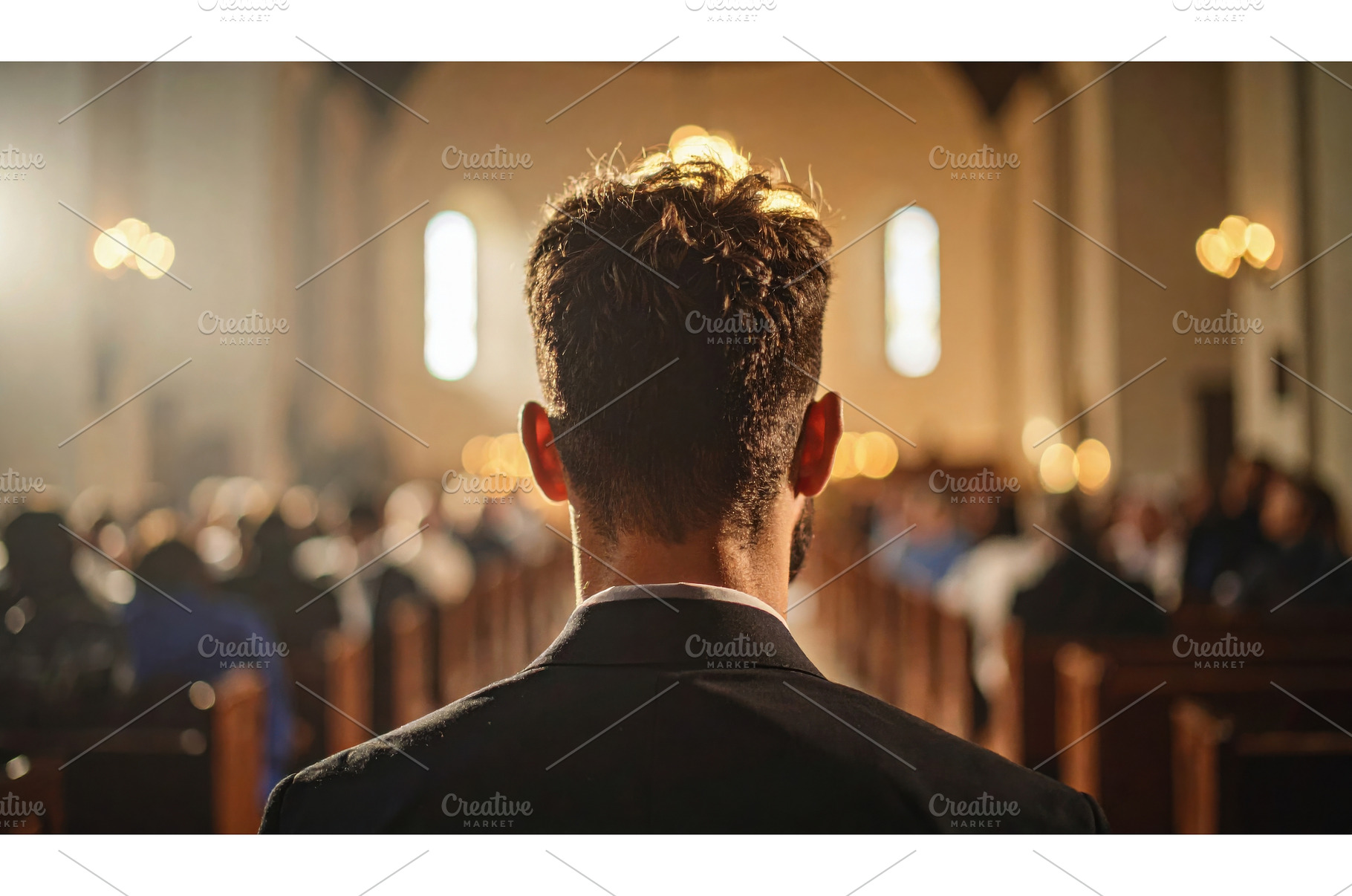 Man from behind in a church aisle, an Architecture Photo by Igor Tichonow