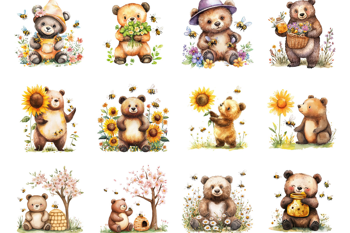 Bear and Bee Watercolor Clipart PNG, a Seasonal Illustration by Designking (Photo 2 of 5)