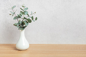 Eucalyptus branches in vase creating a fresh and natural atmosph, a Background Photo by Olena Rudo