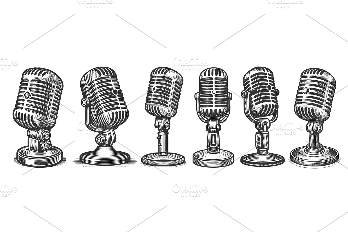 Microphones engraving set vector, an Object Illustration by AlexArt