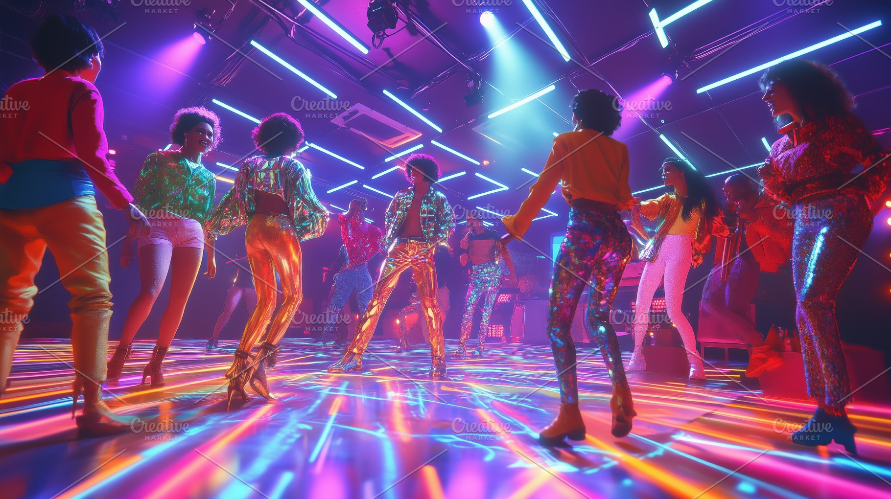 A vibrant disco scene with diverse dancers in colorful outfits, illuminated by, an Arts & Entertainment Photo by Textures & Backgrounds