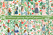 Garden spring girls seamless pattern, an Illustration by SinaCreation (Thumbnail 1 of 6)