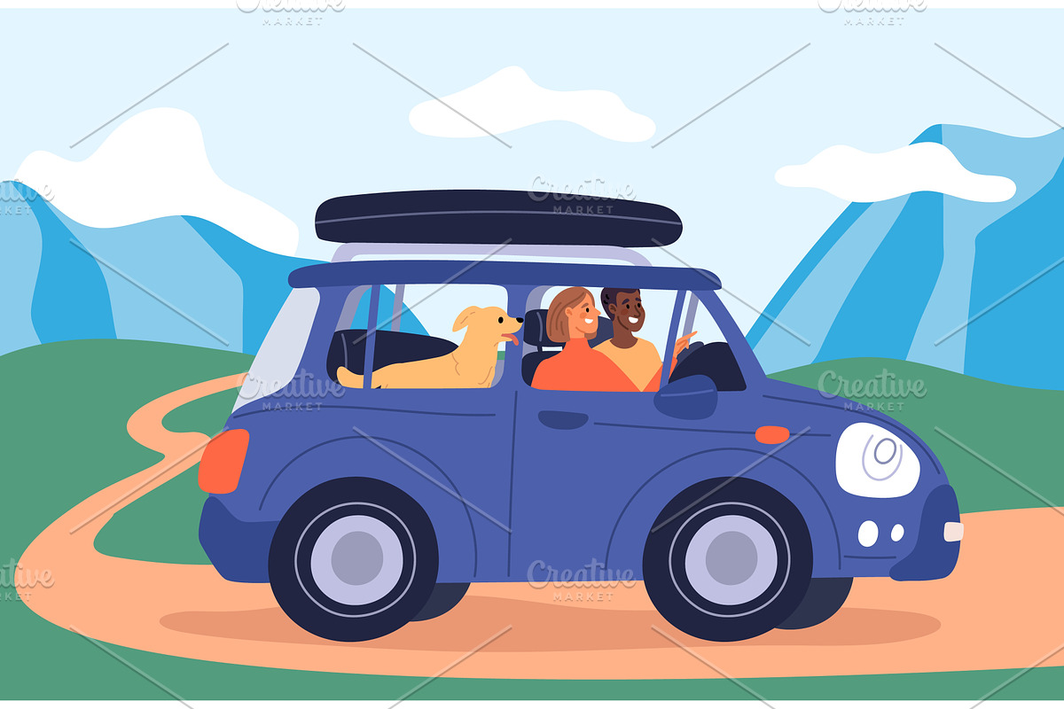 Guy and girl traveling in car with, a Transportation Illustration by Vectorbuum