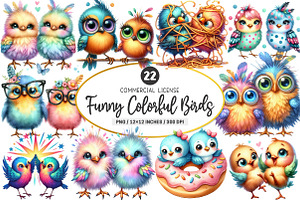 Funny Colorful Birds Watercolor PNG, an Illustration by SinaCreation