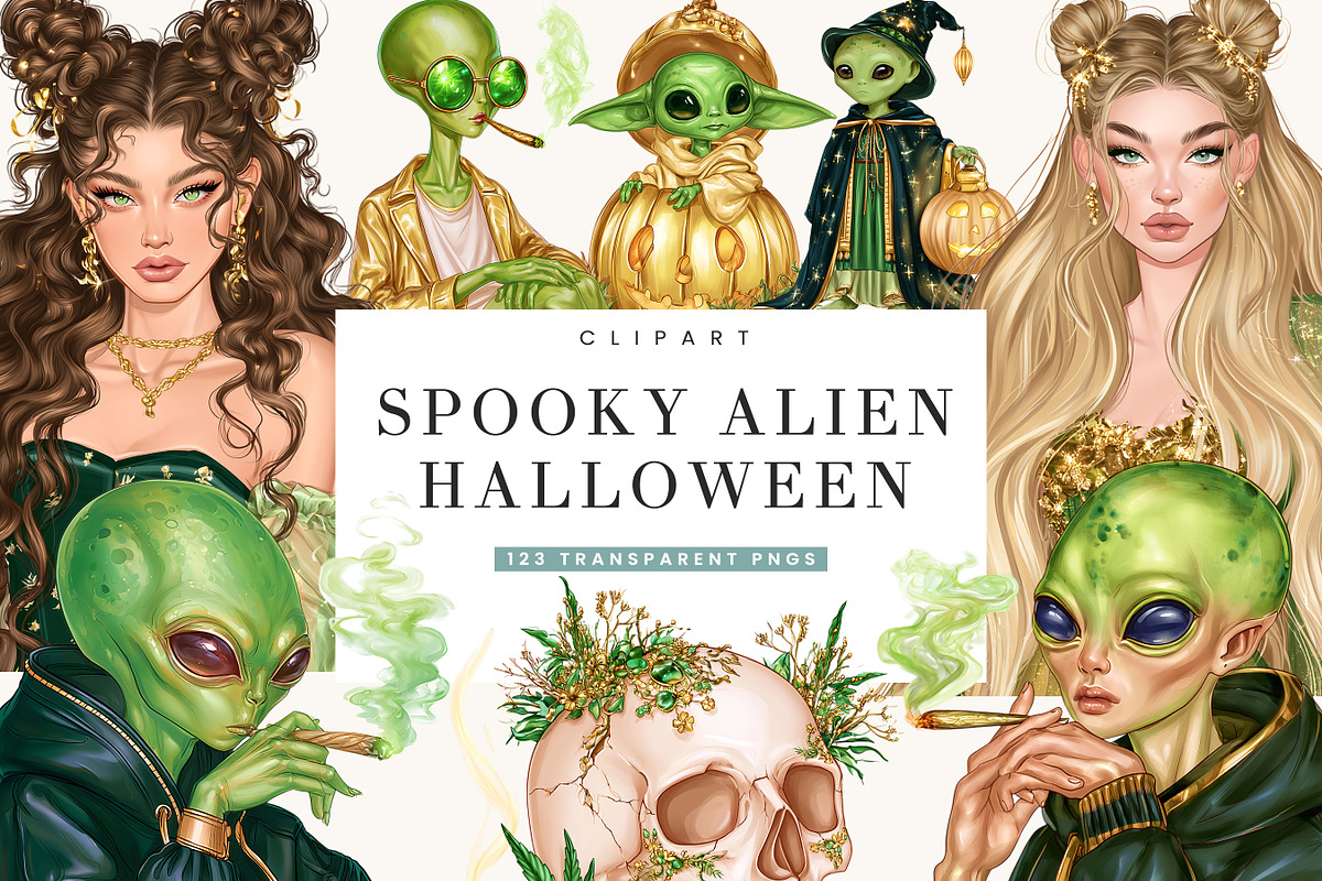 Spooky Alien Halloween Clipart, a Seasonal Illustration by BusyDaydesign (Photo 1 of 9)