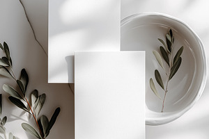 Blank white card mockup with olive branch, ceramic bowl, and dappled sunlight s, a Holiday Photo by Studio ANNA