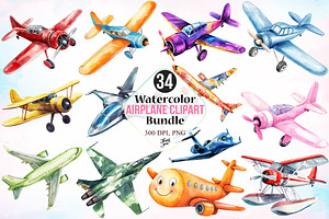 Watercolor Airplane Clipart Bundle, a Technology Illustration by Canvas Craft