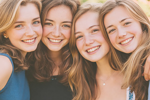 Four happy young women smiling close together, embracing, and en, a Person Photo by Studio ANNA