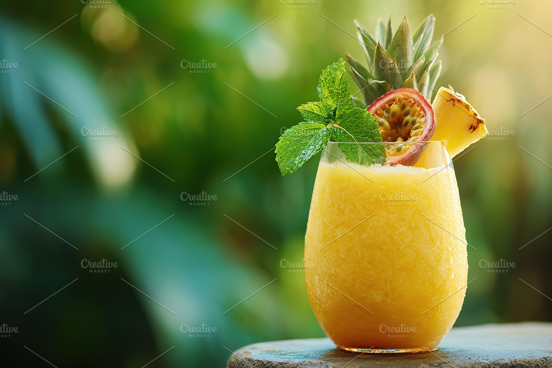 Refreshing tropical drink served in a glass with pineapple and mint garnish in, a Food & Drink Photo by AlyaAnd