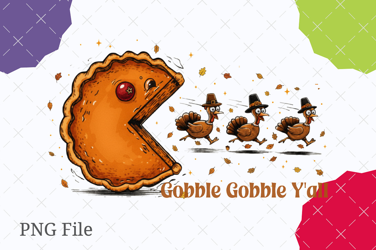 Funny Pumpkin Pie Chasing Turkey Png, an Illustration by designcity5 (Photo 1 of 8)