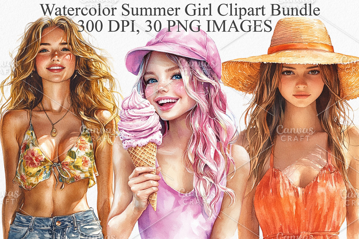 Watercolor Summer Girl Clipart PNG, an Illustration by Canvas Craft (Photo 1 of 7)
