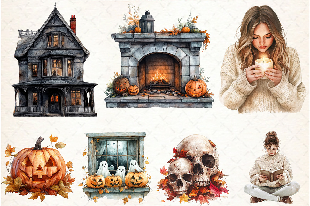 Watercolor Cozy Halloween Clipart, an Illustration by Libby Wishes (Photo 3 of 6)
