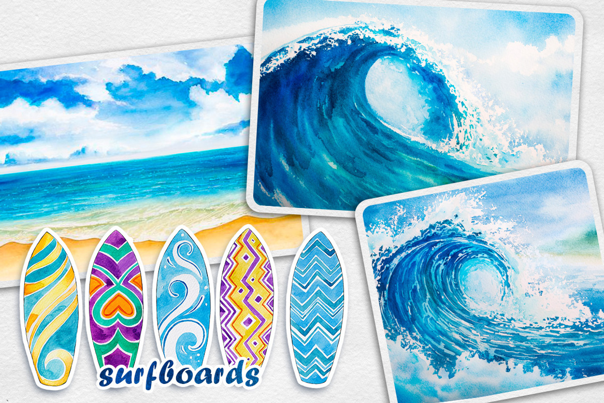 Surfing. Watercolor set., an Illustration by AlexGreenArt (Photo 2 of 5)