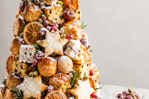 Holiday dessert tower featuring frui, a Photo by Dvoevnore photos