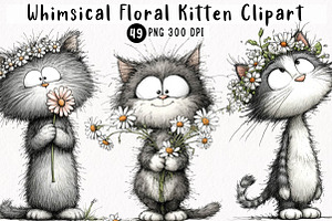 Whimsical Floral Kitten Clipart