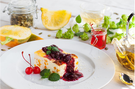 Cheesecake with topping and tea, a Food & Drink Photo by Photo Drive Studio