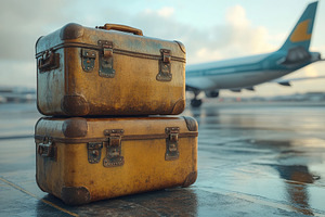 Old leather suitcases sit on an airp, a Photo by Tanuart
