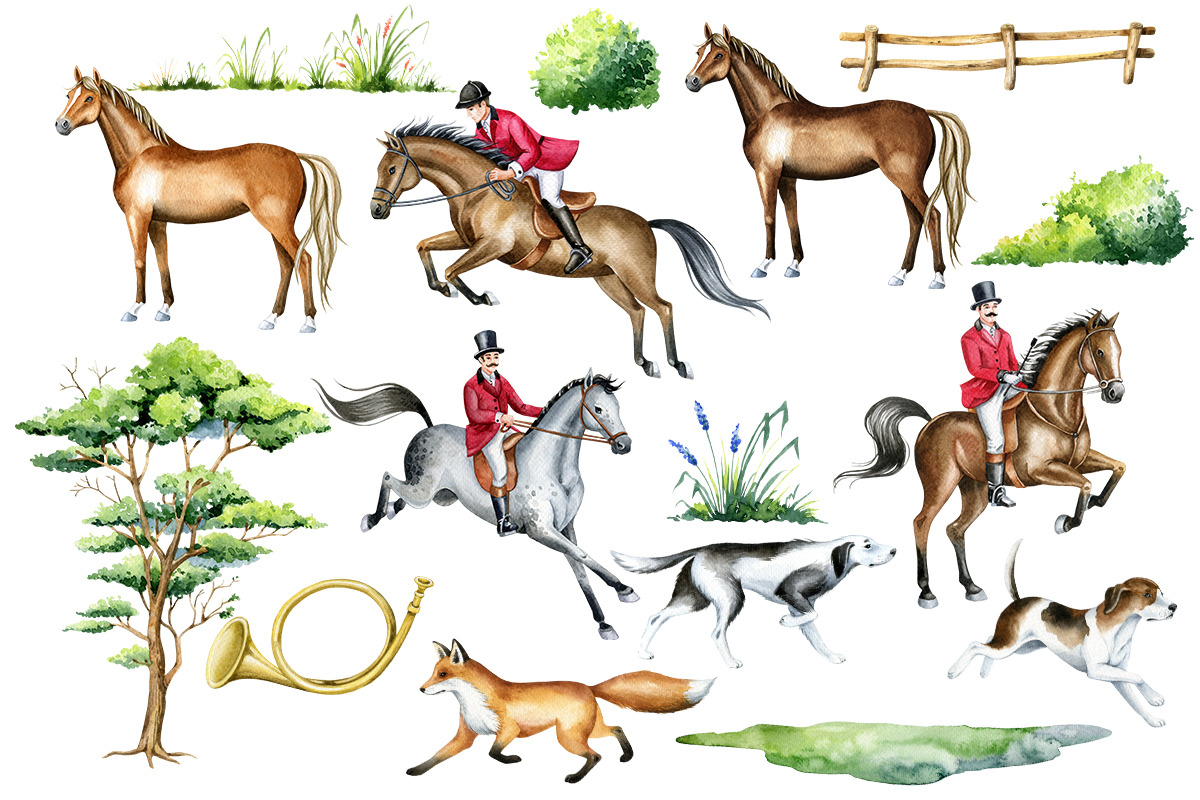 Fox Hunting watercolor clipart, an Animal Illustration by SimpleWishesArt (Photo 2 of 7)