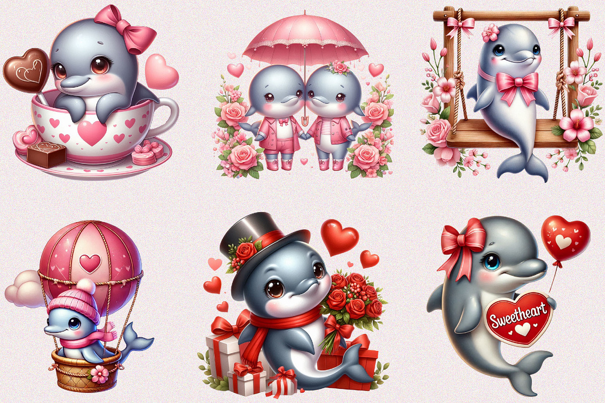 Valentine Cute Dolphin Clipart, a Seasonal Illustration by Craft Nest (Photo 2 of 5)