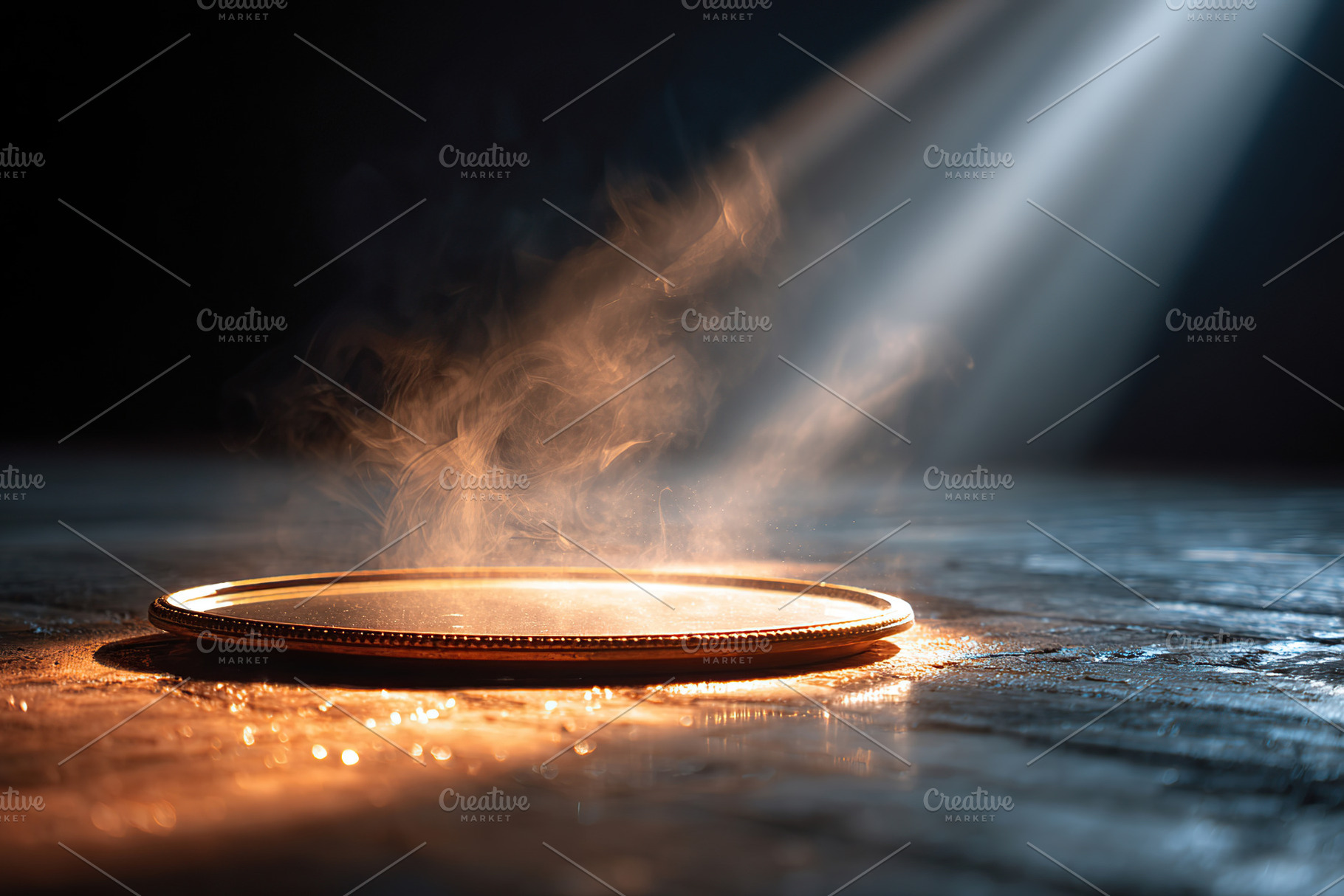 Mysterious circular object emits steam in a dimly lit space with beams of light, a Photo by AlyaAnd