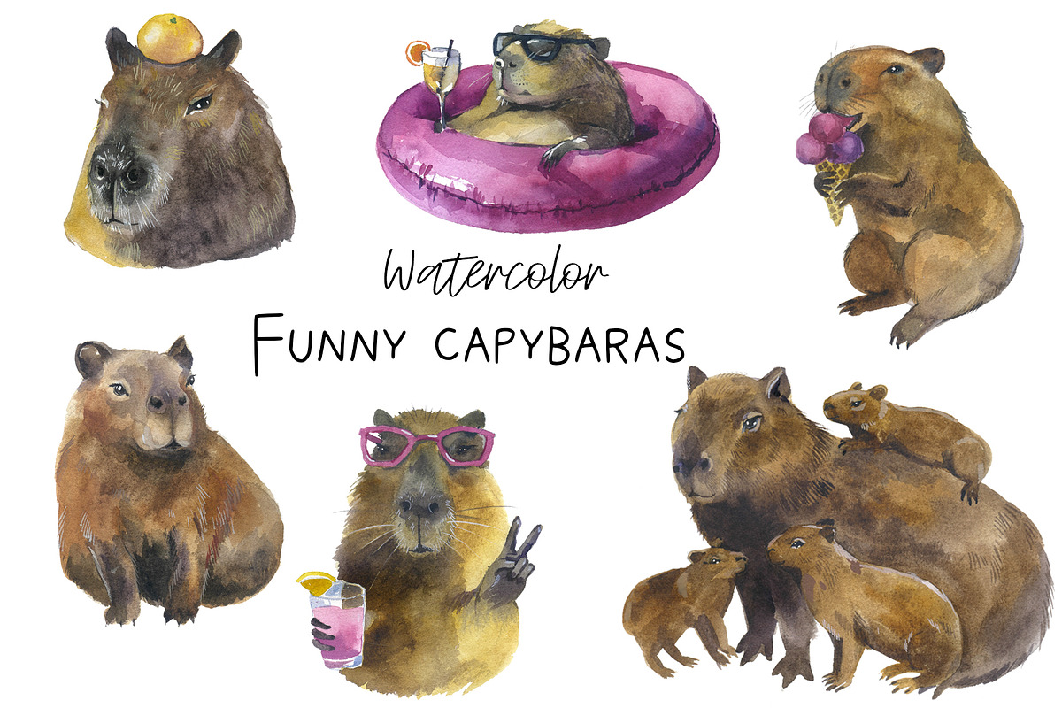 Cute illustrated capybaras, an Animal Illustration by KomtsyanTatyanaArt (Photo 1 of 3)