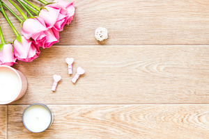 Pink Roses on Wooden Background