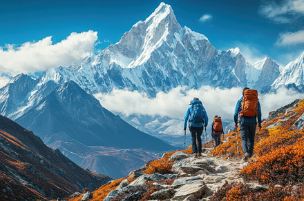 Hikers traversing a mountain trail w, a Background Photo by Pixeness