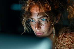 Focused woman wearing glasses analyzing data with a computer screen glowing, a Person Photo by AS photostudio