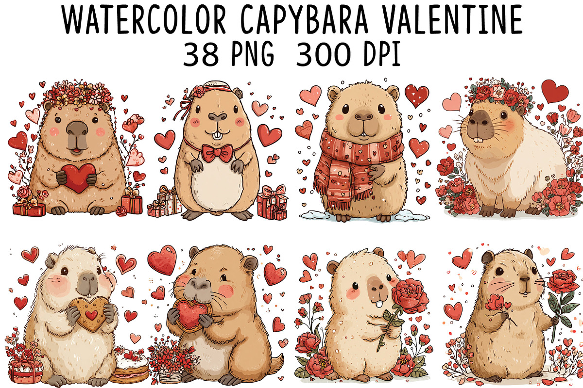 Watercolor Capybara Valentine Clipar, an Illustration by CraftArtStudio (Photo 1 of 6)