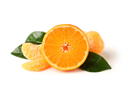Mandarin with leaves on white background, close up, a Food & Drink Photo by AtlasStudio PRO