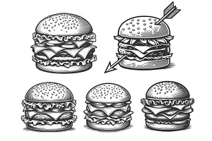 Burger Cheeseburger engraving vector, a Food Illustration by AlexArt