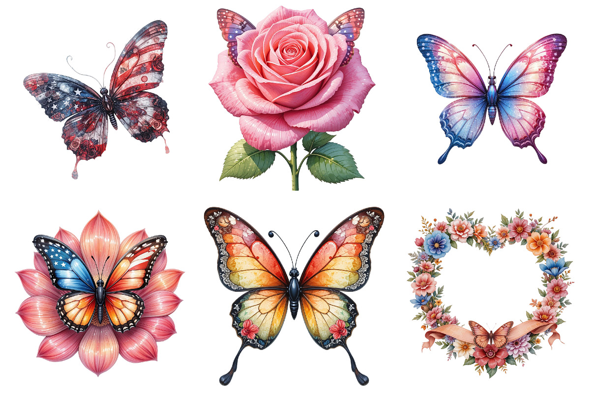 Butterfly Flower USA Flag Graphics, an Illustration by Watercolor design (Photo 3 of 4)