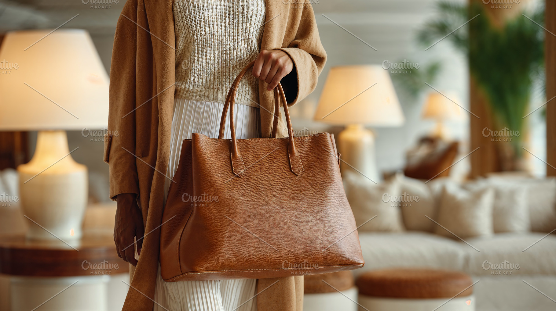 Elegant arrival at luxury hotel with stylish handbag in hand, a Holiday Photo by OSORIOartist