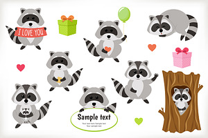 Raccoon vector set. Flat icon style.