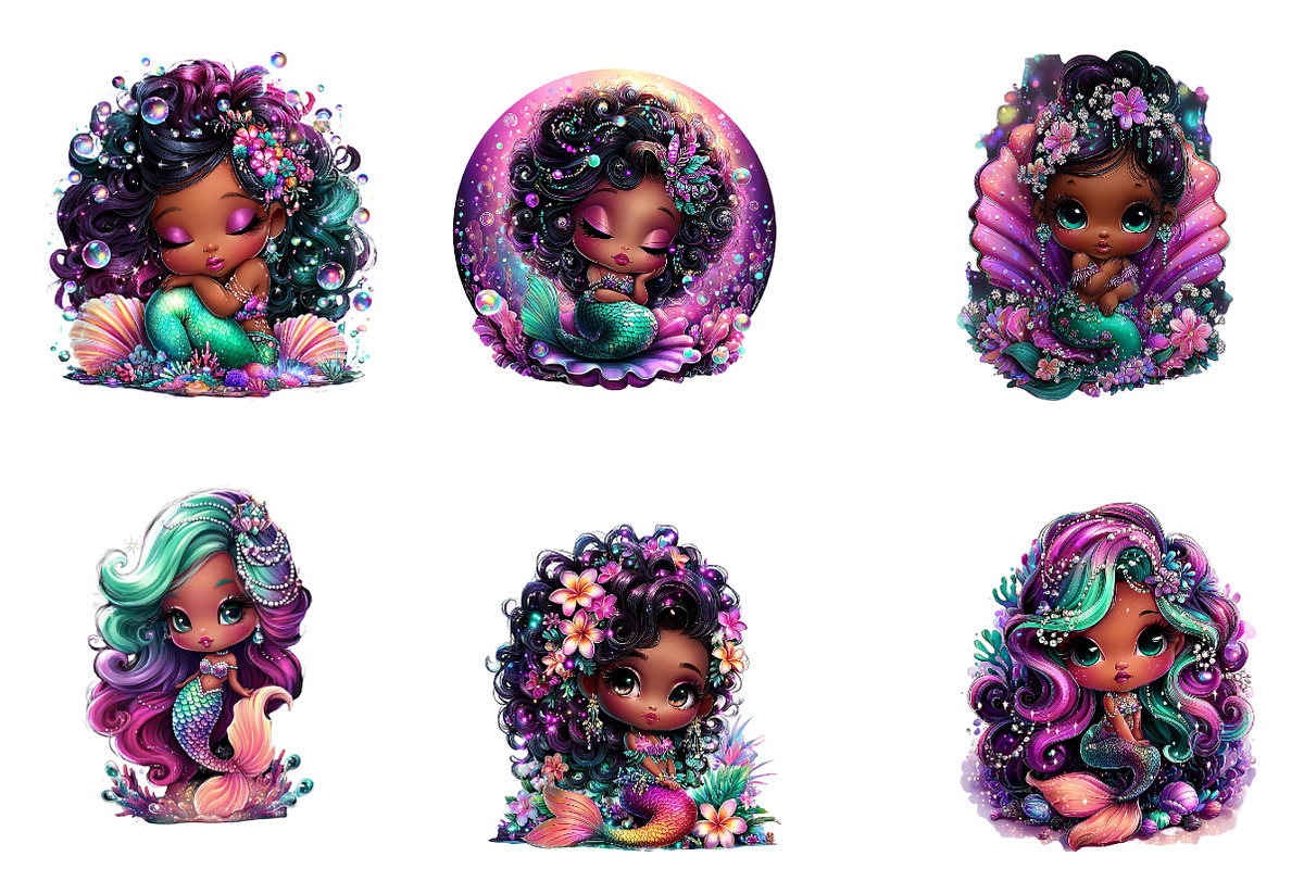 Whimsical Cute Black Mermaid Clipart, an Illustration by CreationArt (Photo 7 of 7)