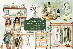 Watercolor Cleaning &Laundry Clipart, an Illustration by NadiaTheronArt