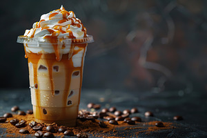 Iced coffee latte in cup on dark background, a Food & Drink Photo by AlyaAnd