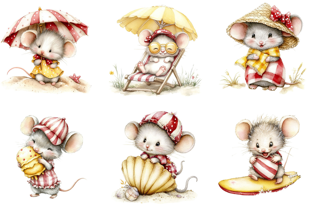 Cute Watercolor Beach Mouse Clipart, a Seasonal Illustration by Designking (Photo 2 of 4)