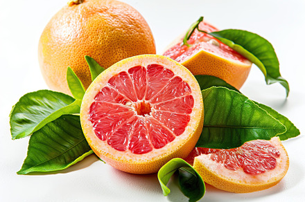 Fresh and tasty grapefruits with green leaves on white background, a Food & Drink Photo by AlyaAnd