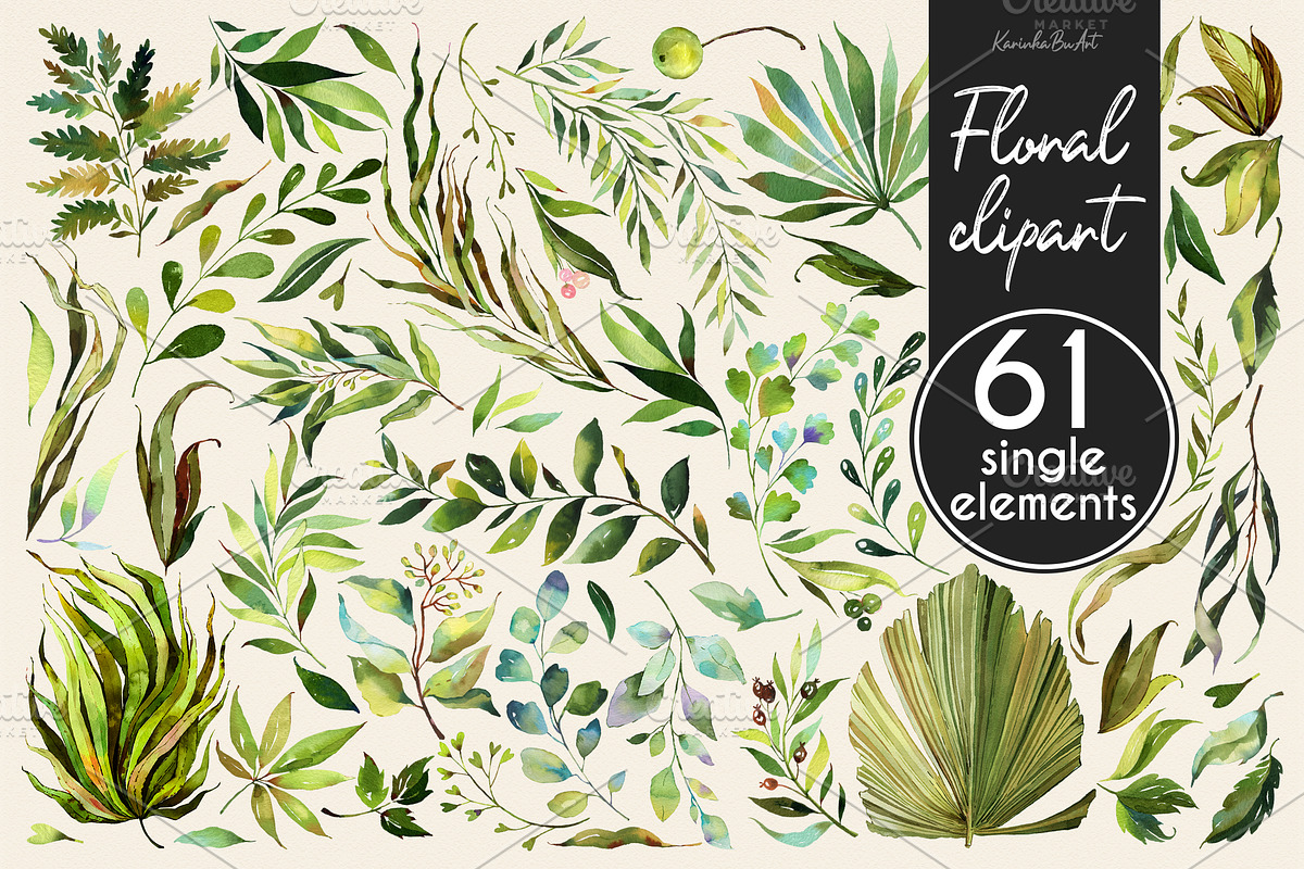 Watercolor Greenery Leaves 77PNG kit, an Illustration by KarinkaBU (Photo 4 of 10)