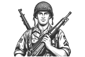 Armed WWII Soldier engraving vector, a Person Illustration by AlexArt