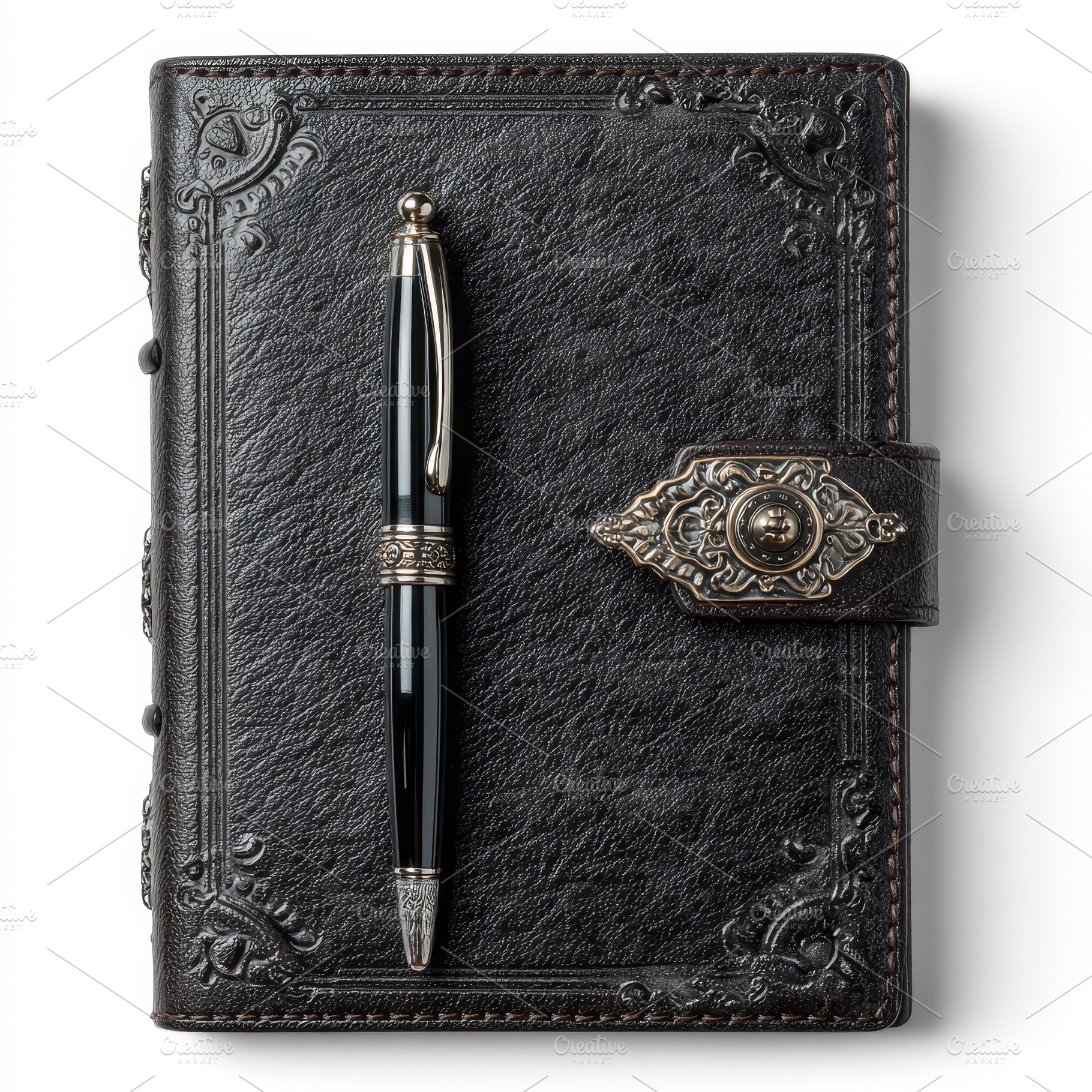 Black Leather Journal with Ornate Pe, a Photo by Pixeness Studio
