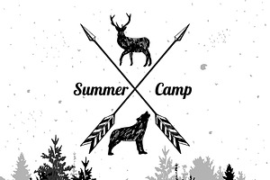 Forest landscape with camp emblem