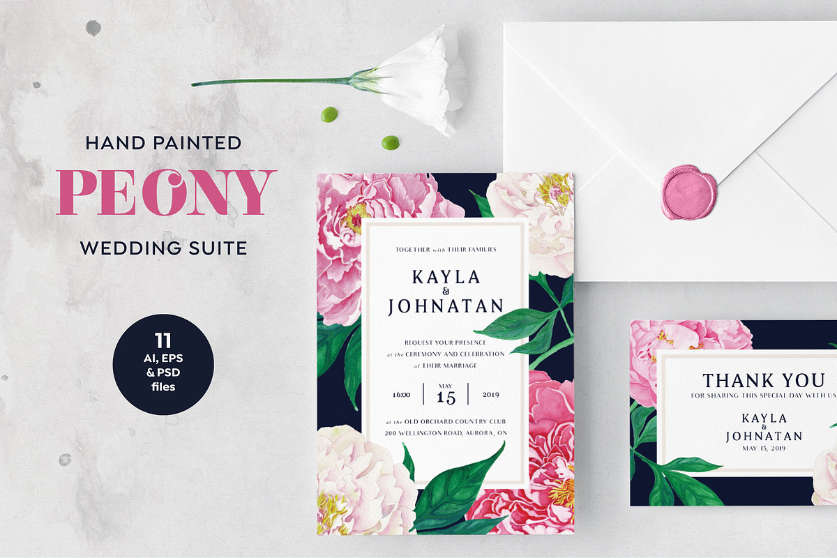 PEONY Watercolor Wedding Suite, an Invitation Template by Vintage To Vectors (Photo 1 of 10)