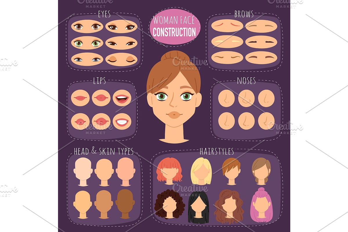 Woman character constructor cartoon woman face parts creation spare ...