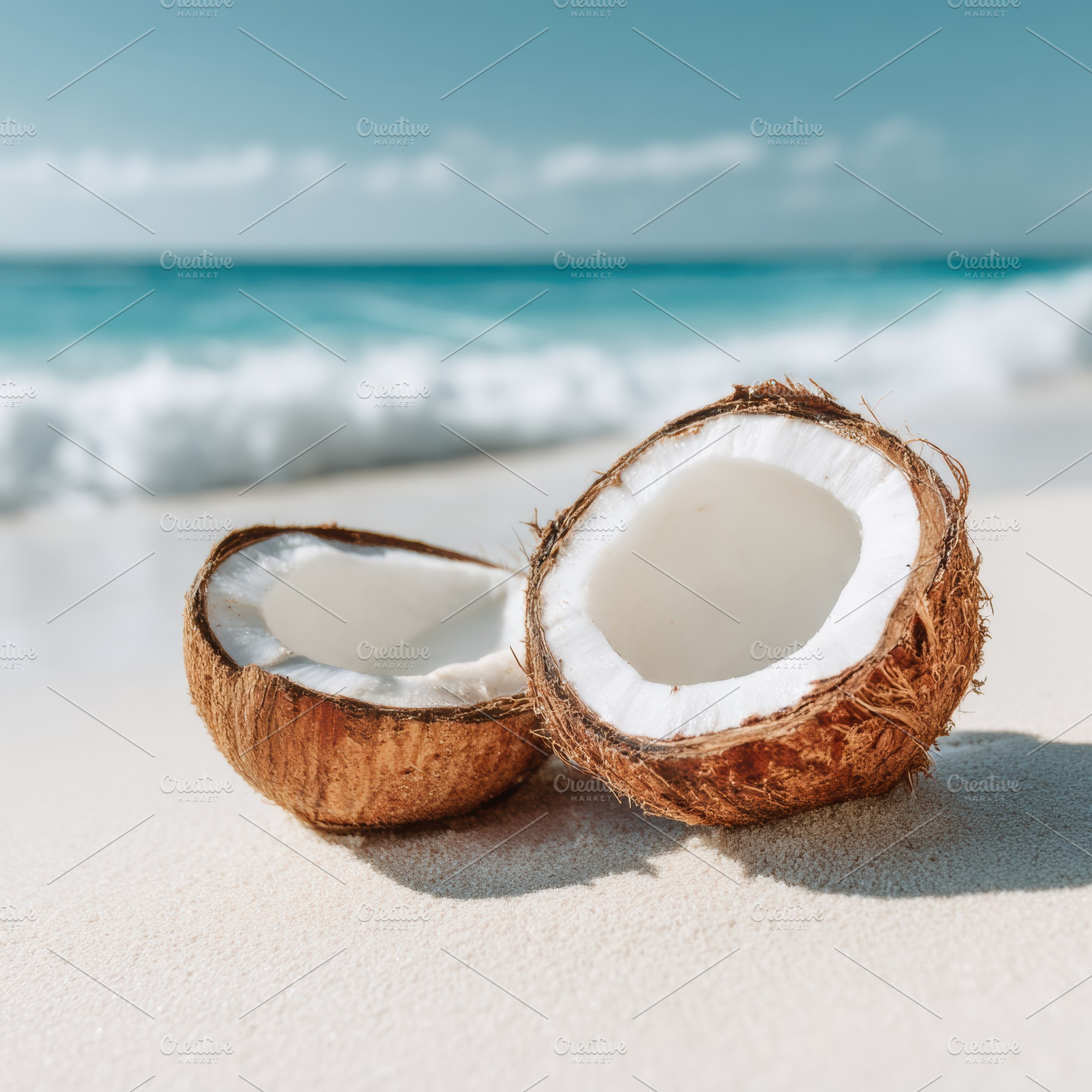 Coconut Halves on Beach Sand, a Food & Drink Photo by Virgo Studio